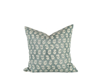 Hand Block Printed Linen Pillow Cover: Blue Floral Throw Pillow