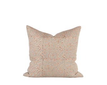 Hand Block Printed Linen Pillow: Pink Floral Vintage Throw Pillow