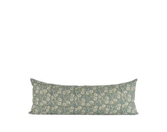 Floral Block Printed Linen Lumbar Pillow - Blue Spring Decor