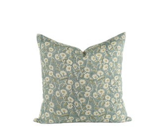 Hand Block Printed Linen Pillow Cover: Blue Floral Angie Pillow