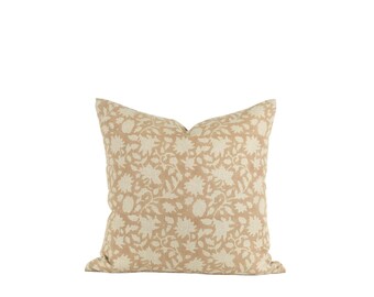 Peach Floral Linen Pillow Cover: Hand Block Print