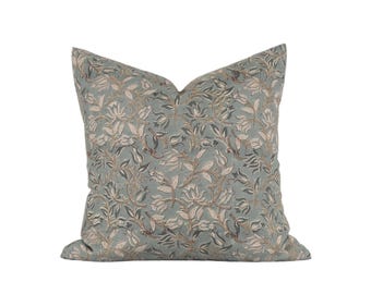 Hand Block Printed Linen Pillow: Floral Pattern Throw Pillow