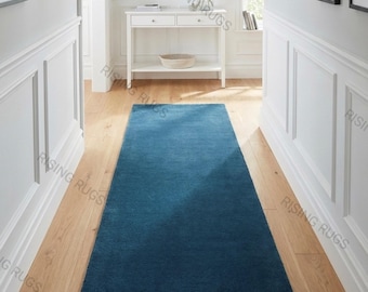 Hand Tufted Wool Runner Rug – Deep Teal Blue Hallway Carpet