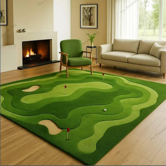 Hand-Tufted Wool Rug – 3D Golf Green Design