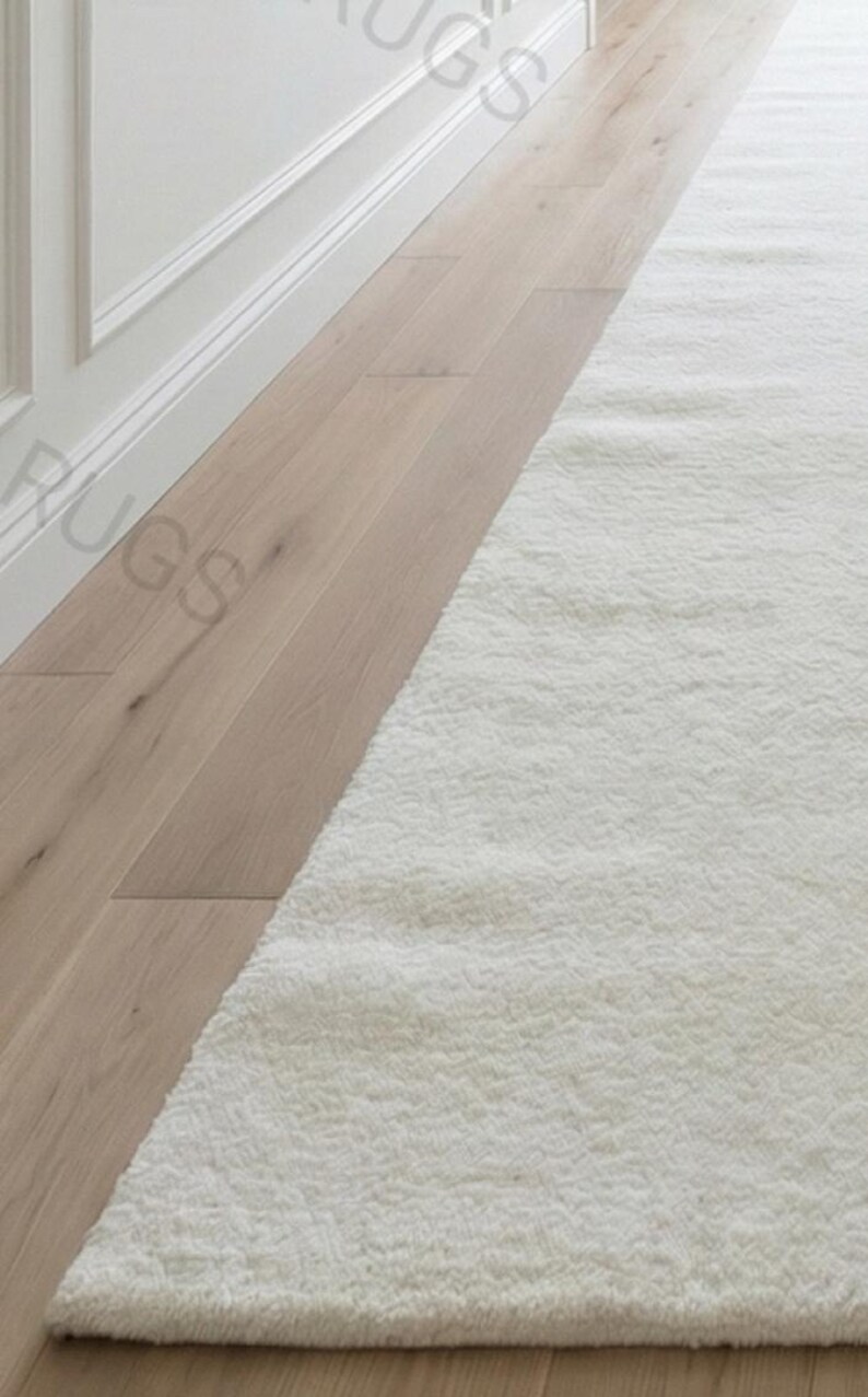 Handgetuft ivoorwit wollen loper – zachte glans, effen kleur afbeelding 3