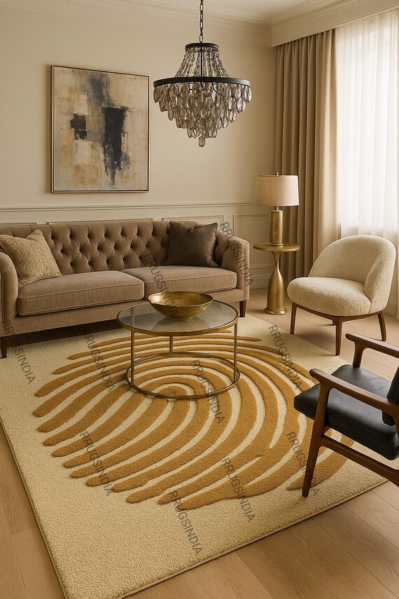 Fingerprint Design Wool Rug: Modern Textured Loop Pile - Beige & Tan