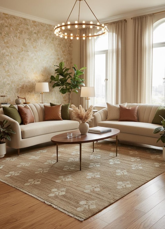 Handwoven Jute Rug | White Floral, Boho Farmhouse Carpet