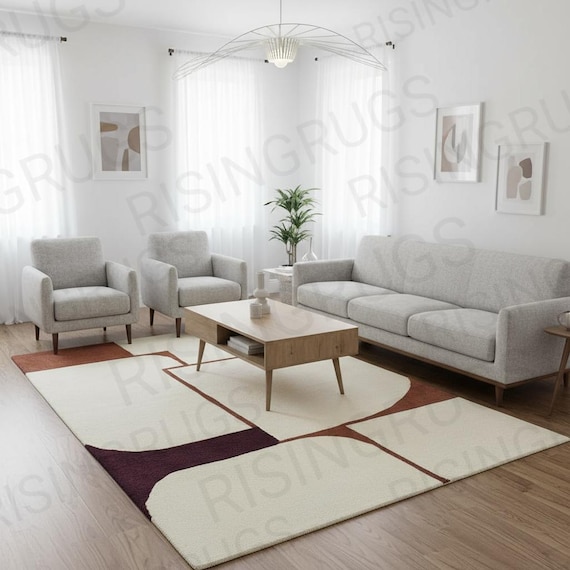 Hand-Tufted Wool Rug – Modern Geometric Abstract Design, Terracotta & Plum