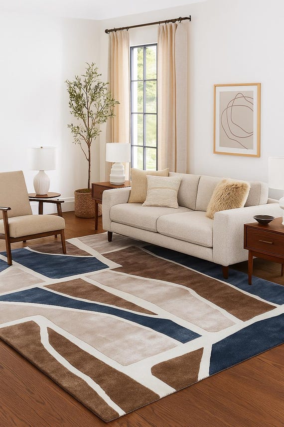 Hand Tufted Tencel Area Rug | Abstract Geometric Brown & Blue