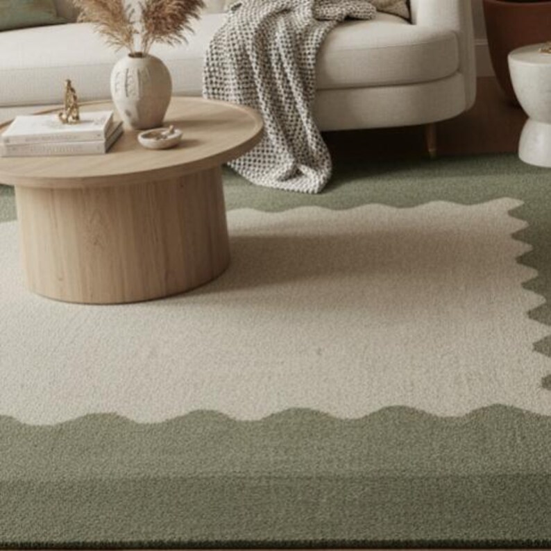 Hand Tufted Scalloped Wavy Border Rug, Beige and Terracotta Area Rug image 9