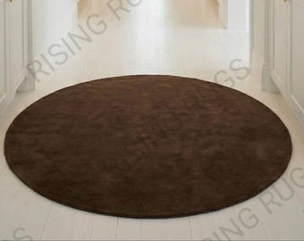 Chocolate Brown Wool Round Rug – Handmade Minimalist Carpet