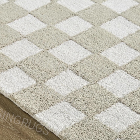 Hand Tufted Wool Checkerboard Rug – Cream and Beige Geometric Carpet