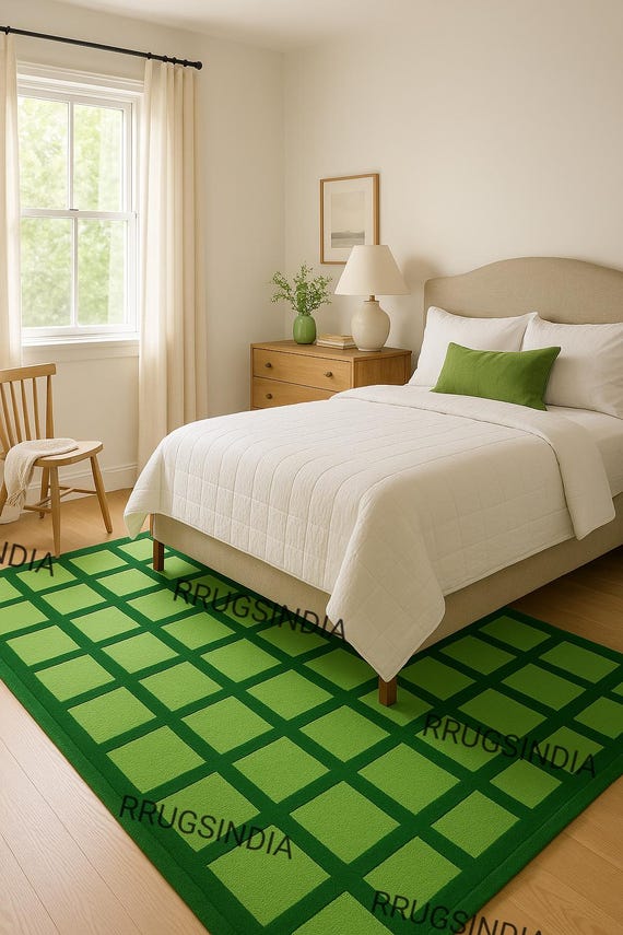 Modern Wool Loop Pile Rug – Grid Pattern in Green  Handcrafted for Contemporary Spaces.