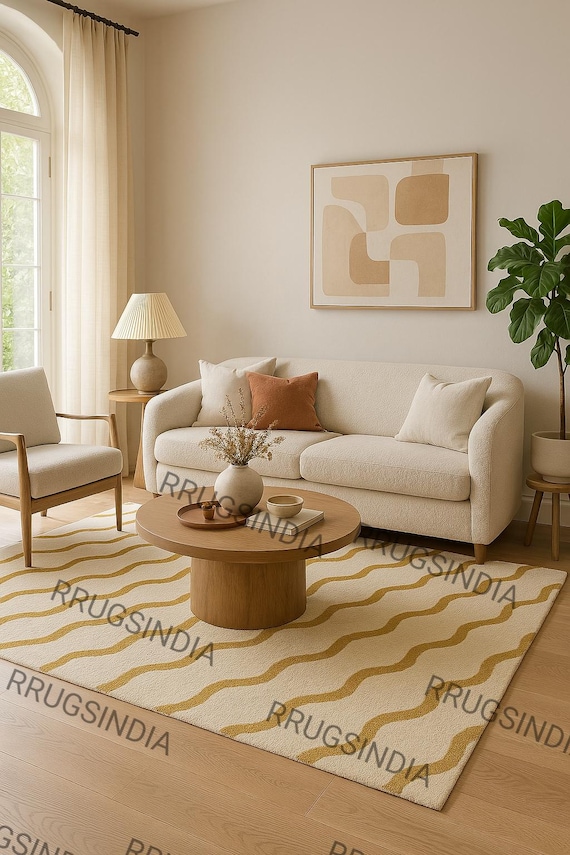 Modern Wavy Line Wool Rug – Hand-Tufted Cut Pile Carpet for Living Room or Bedroom