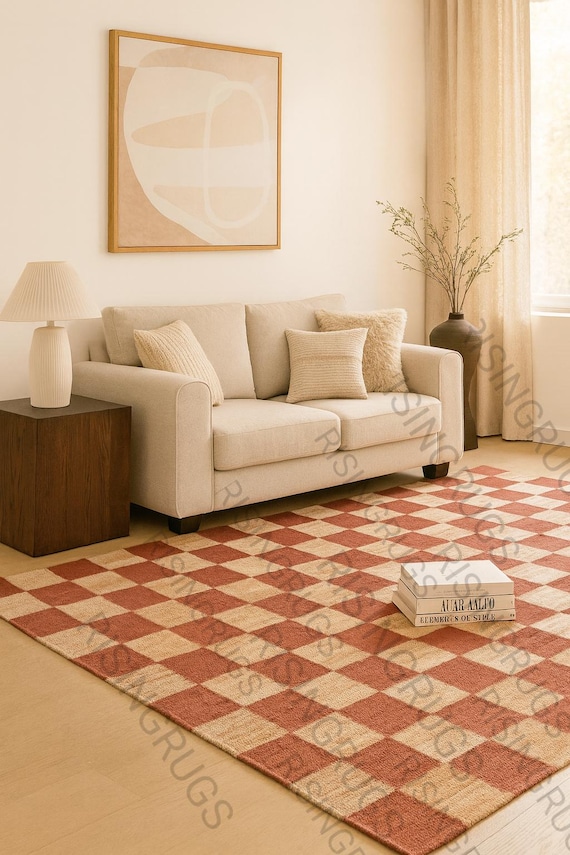 Handwoven Jute Rug – Terracotta Checkerboard Flatweave, Rustic Boho Decor