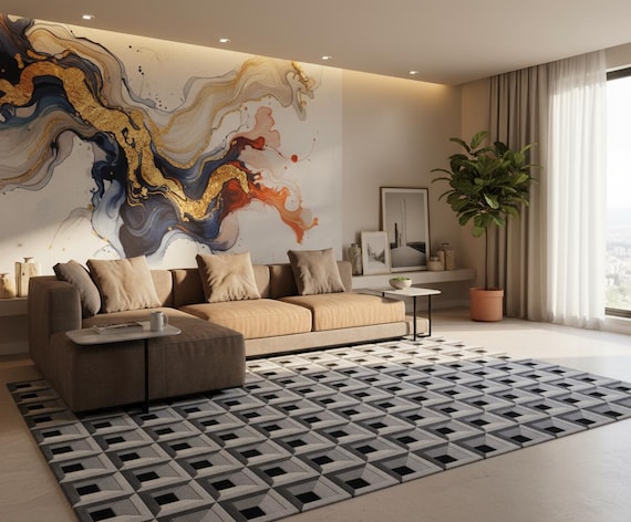 3D Geometric Tencel Rug | Hand Tufted Optical Illusion Carpet