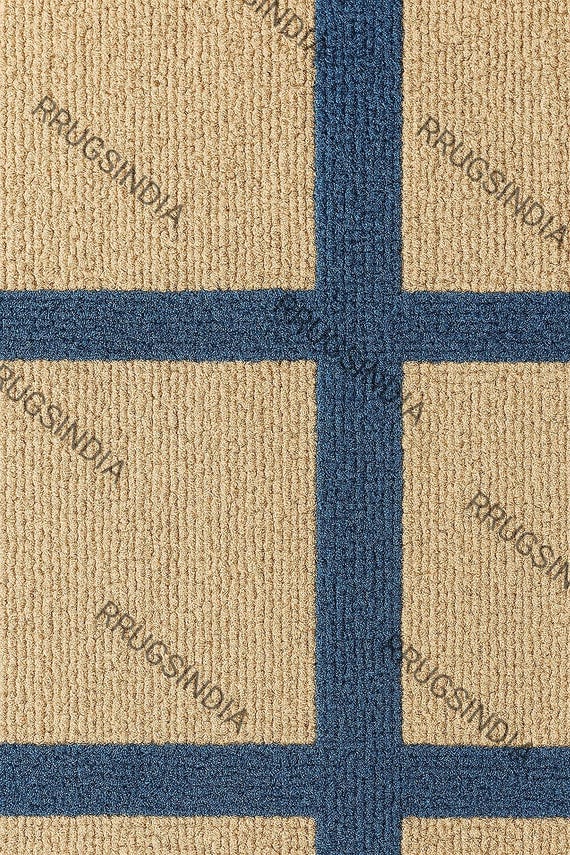 Handcrafted Wool Loop Pile Rug: Beige & Navy Grid Pattern