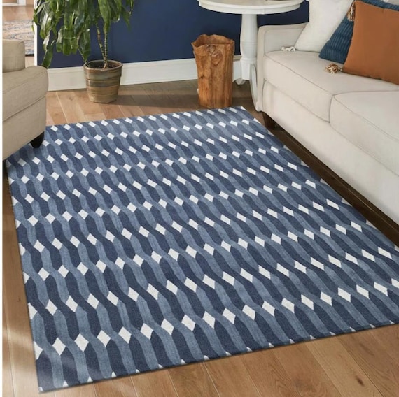 Hand-Tufted Wool Rug – Blue Diamond Geometric, Modern Carpet