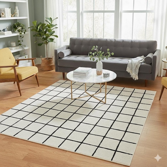 Handmade Wool Grid Rug – Black & White Scandinavian Carpet