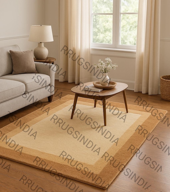 Hand-Tufted Wool Area Rug: Beige & Brown Minimalist Carpet