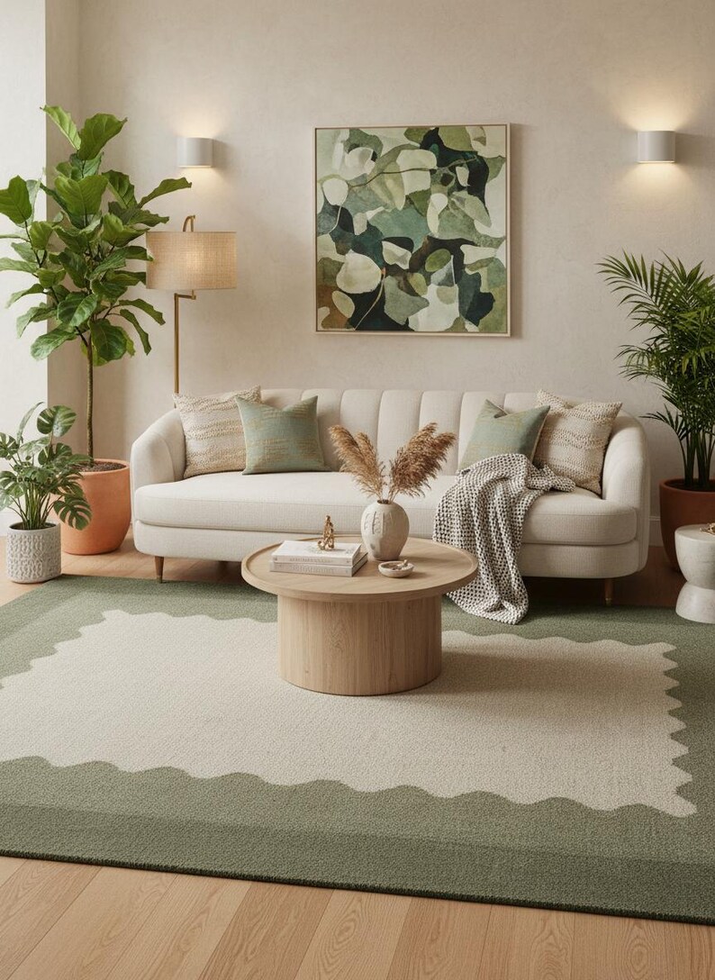 Hand Tufted Scalloped Wavy Border Rug, Beige and Terracotta Area Rug image 10
