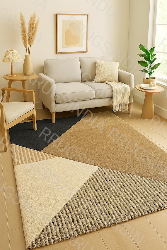 Hand Tufted Geometric Rug: Modern Black Beige Tan Carpet