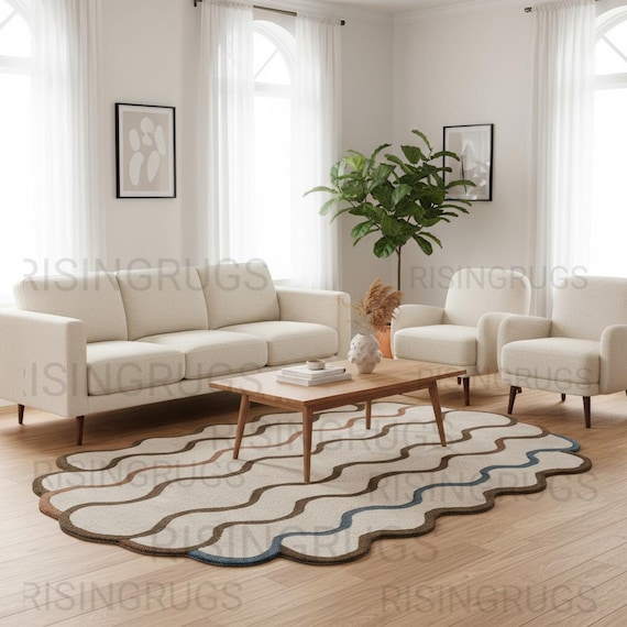 Hand-Tufted Wool Rug – Modern Wavy Border, Sculpted Edge