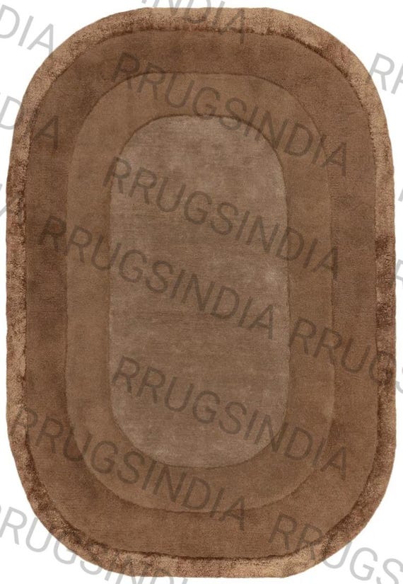 Hand Tufted Brown Oval Area Rug: Soft Modern Layered Border Carpet