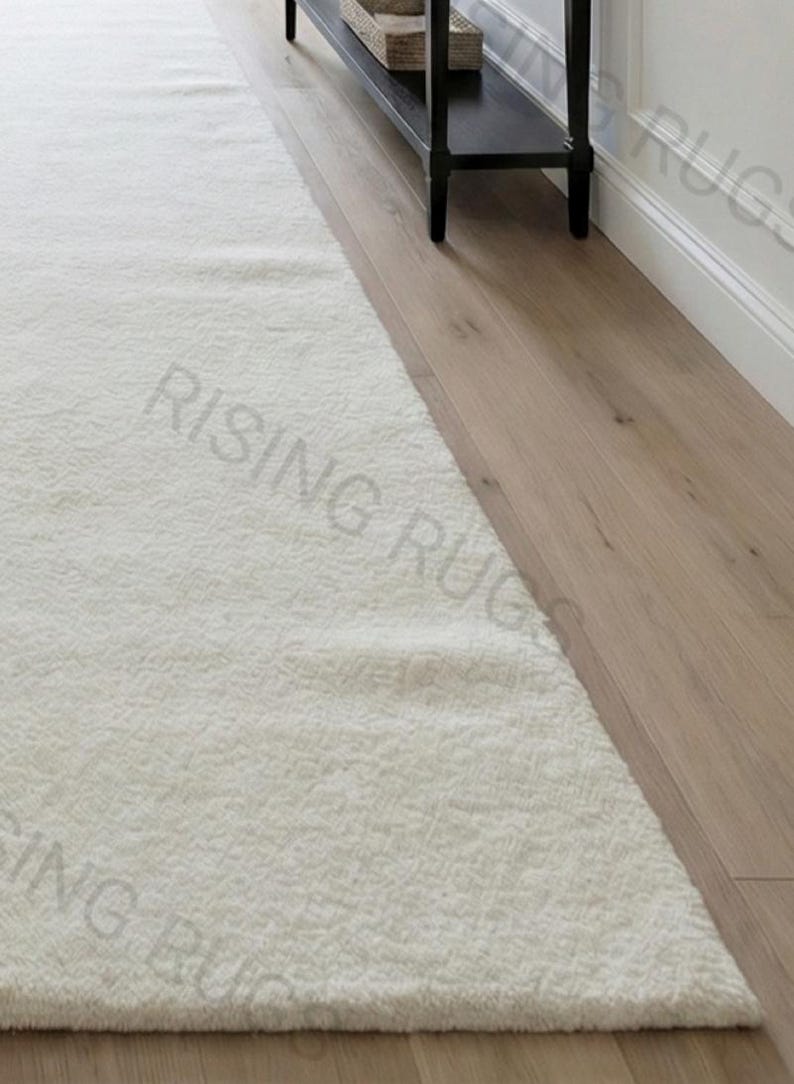 Handgetuft ivoorwit wollen loper – zachte glans, effen kleur afbeelding 2