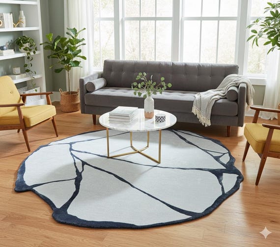 Hand Tufted Tencel Rug | Abstract Geometric Navy & Ivory Carpet