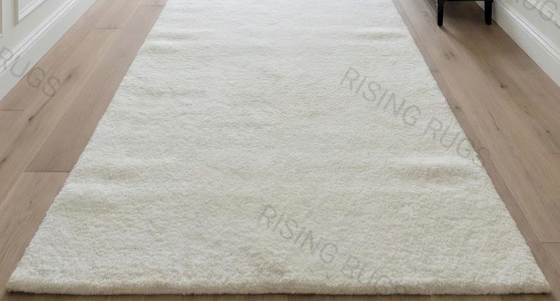 Handgetuft ivoorwit wollen loper – zachte glans, effen kleur afbeelding 4