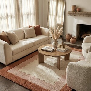 Hand Tufted Scalloped Wavy Border Rug, Beige and Terracotta Area Rug image 13