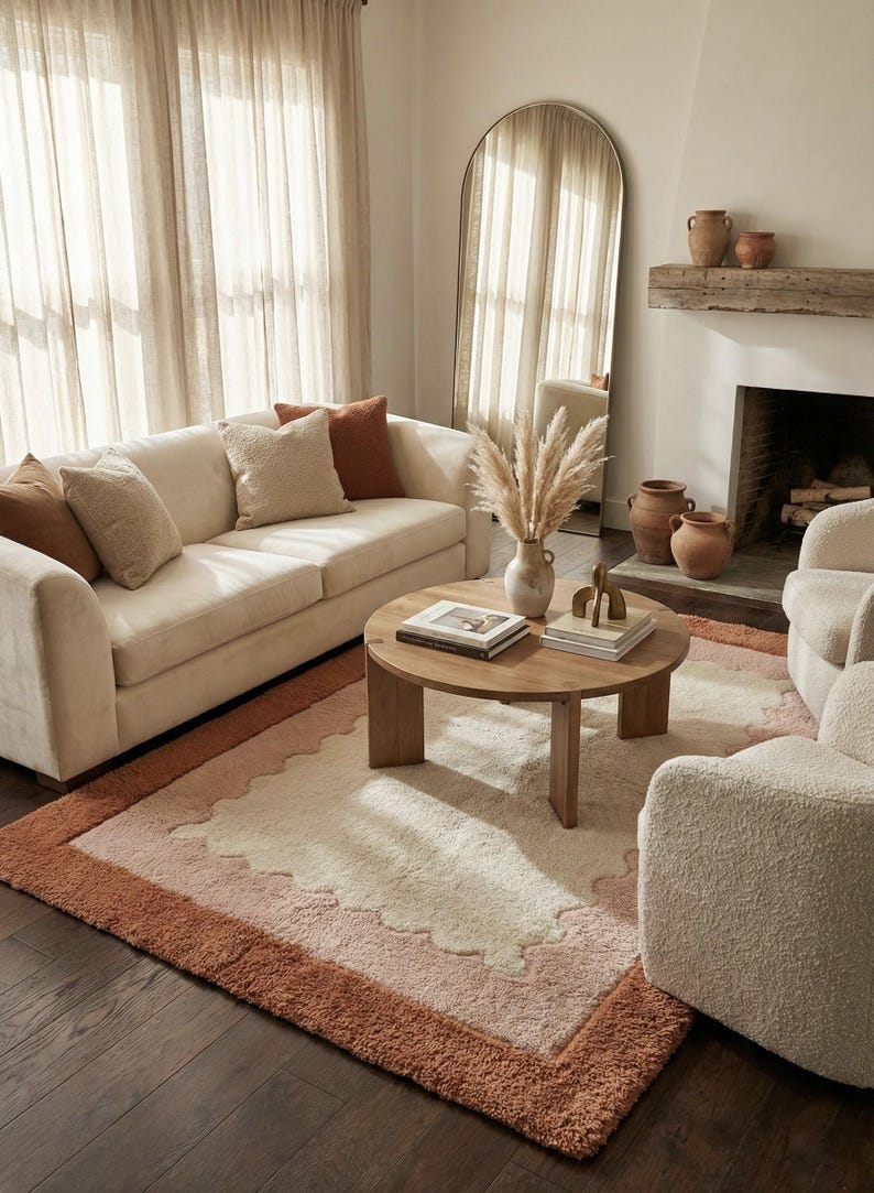 Hand Tufted Scalloped Wavy Border Rug, Beige and Terracotta Area Rug image 13