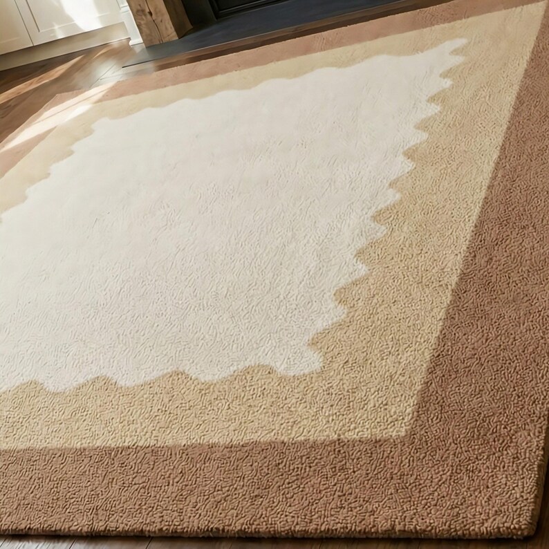 Hand Tufted Scalloped Wavy Border Rug, Beige and Terracotta Area Rug image 3
