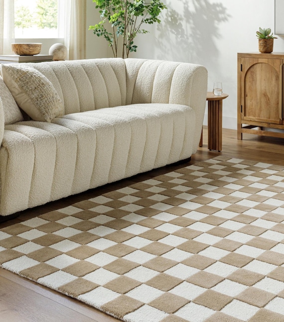 Hand-Tufted Wool Checkered Rug – Modern Geometric Carpet