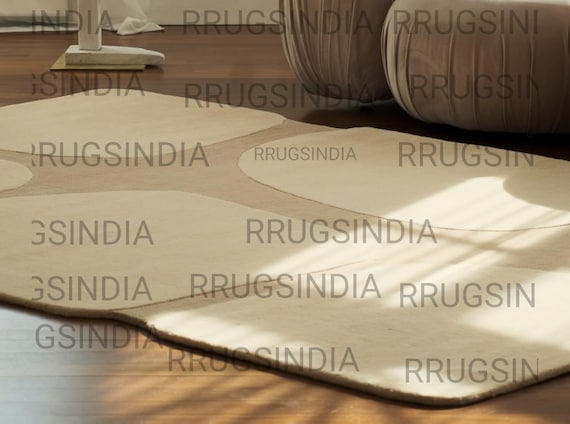 Hand-Tufted Wool Rug: Modern Abstract Cut Pile, Beige & Cream