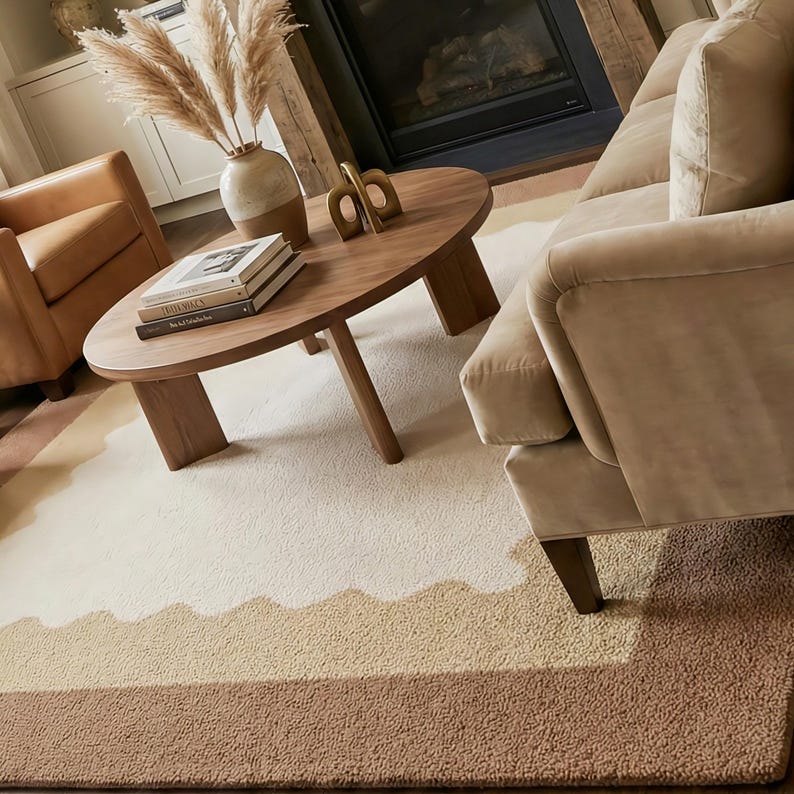 Hand Tufted Scalloped Wavy Border Rug, Beige and Terracotta Area Rug image 4
