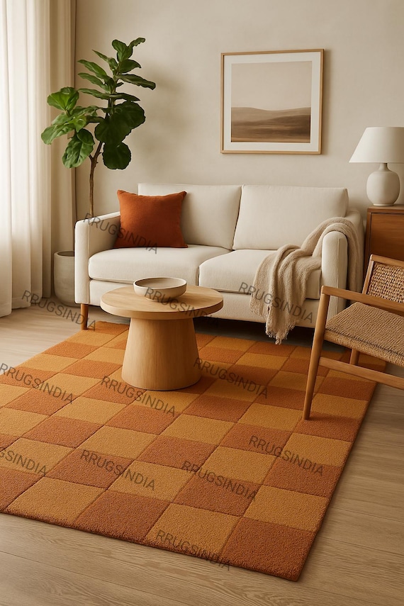 Hand-Tufted Wool Checkerboard Rug: Modern Geometric Floor Decor