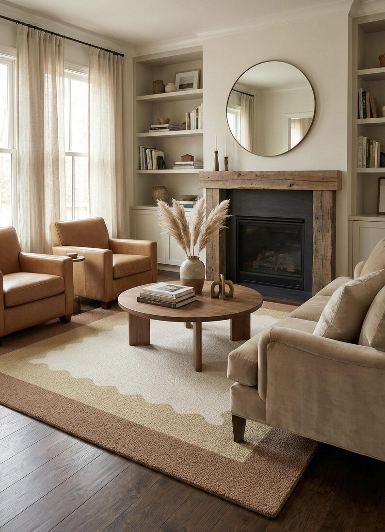 Hand Tufted Scalloped Wavy Border Rug, Beige and Terracotta Area Rug image 2