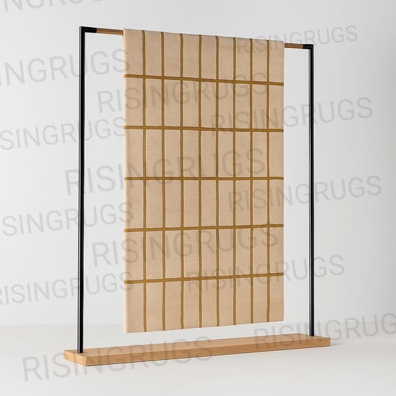 Hand-Tufted Wool Rug – Modern Beige and Mustard Grid Design