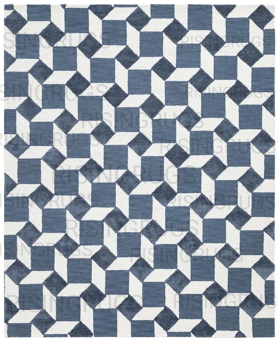 Handmade Blue Wool Rug – 3D Cube Geometric Carpet