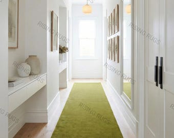 Handmade Olive Green Wool Runner Rug – Soft Plush Pile