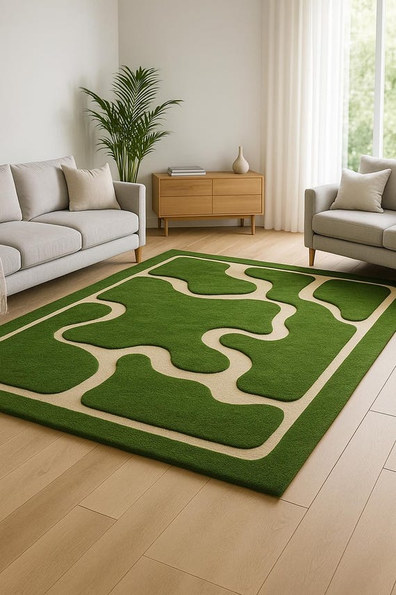 Green Abstract Wool Rug | Hand-Tufted Designer Carpet
