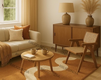 Modern Abstract Tan Beige Wave Wool Rug: Hand-Tufted Cut Pile Carpet