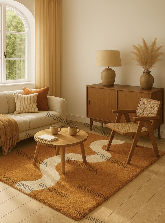 Modern Abstract Tan Beige Wave Wool Rug: Hand-Tufted Cut Pile Carpet