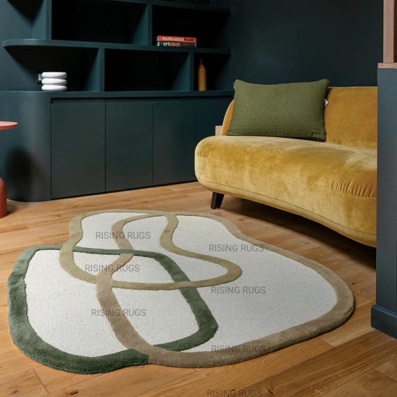 Hand-Tufted Wool Rug – Green Abstract Line Art, Custom Shape