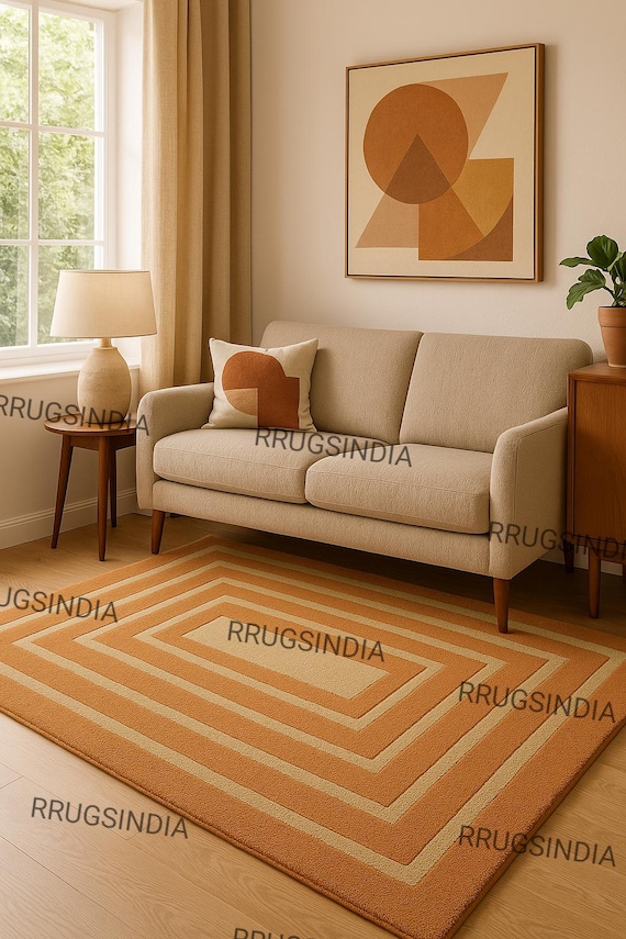Geometric Wool Rug: Modern Rectangle Design, Earth Tones