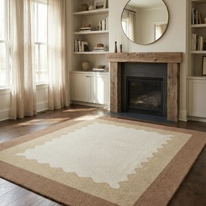 Hand Tufted Scalloped Wavy Border Rug, Beige and Terracotta Area Rug image 1