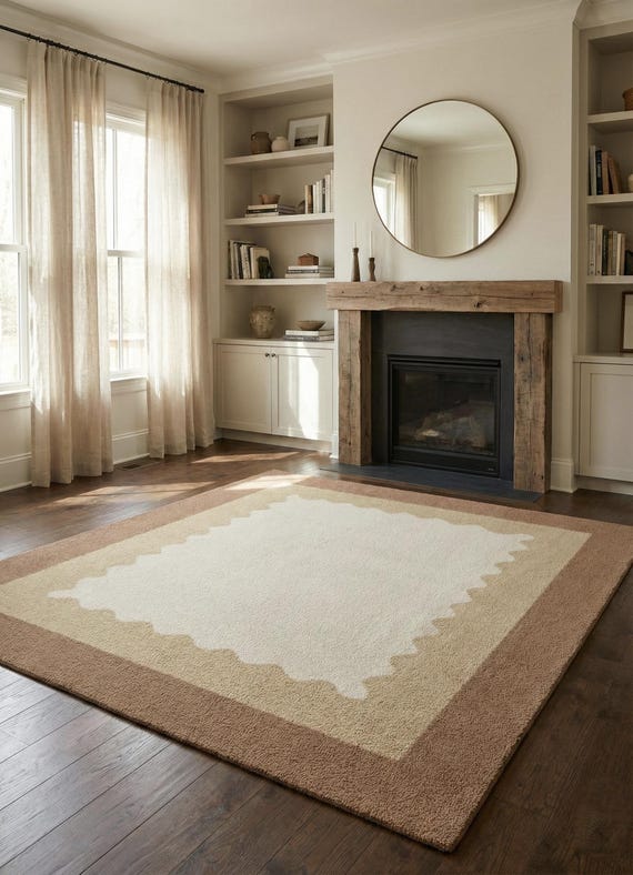 Hand Tufted Scalloped Wavy Border Rug, Beige and Terracotta Area Rug