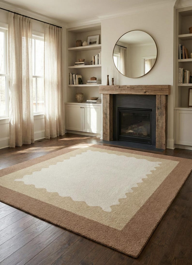 Hand Tufted Scalloped Wavy Border Rug, Beige and Terracotta Area Rug image 1
